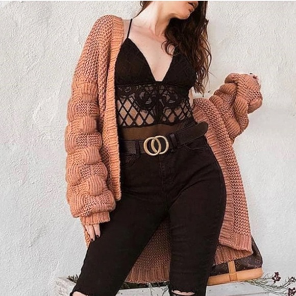 Open Cardigan Knit Bubble Detail Sleeve Sweater - Picture 2 of 8